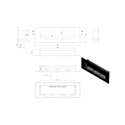 Kratki - Lareira incorporada BIO 40x120 cm 3x1,1kW preto