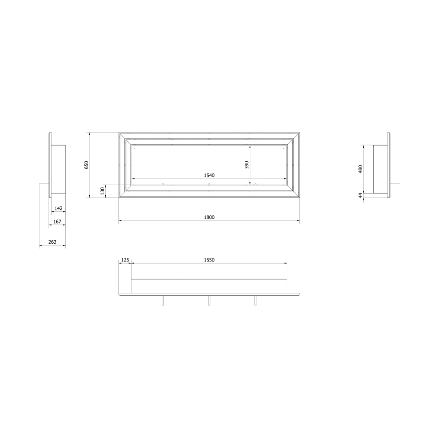 Kratki - Lareira embutida BIO 65x180 cm 3x2,5kW cromado brilhante