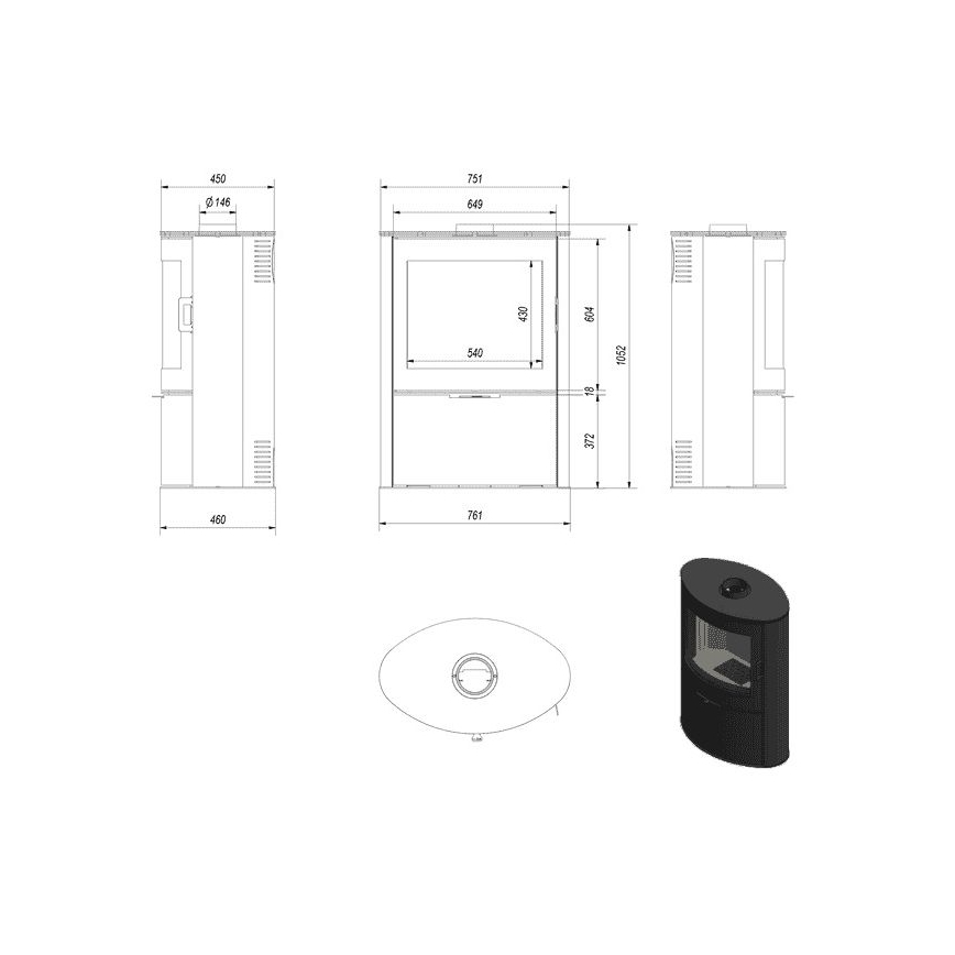 Kratki - Lareira de aço com fecho automático da porta 10kW 150 mm preto