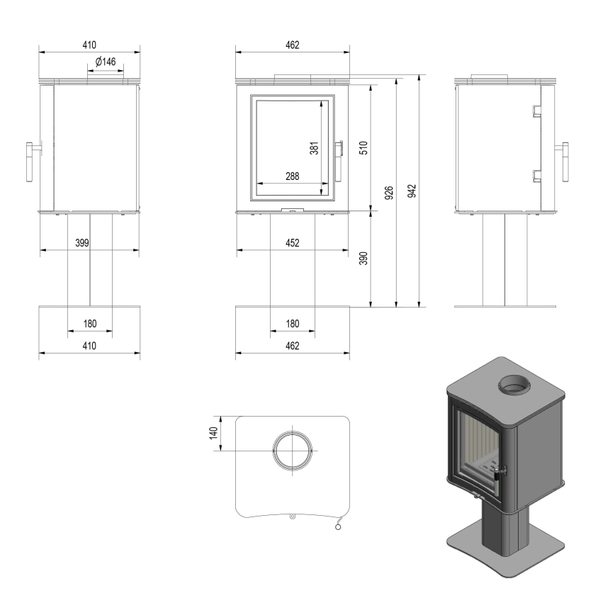 Kratki - Lareira de aço 7kW 150mm