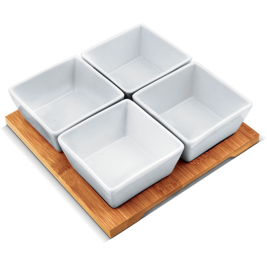 Lamart - Conjunto 4x tigela de porcelana 19x19 cm + bandeja de madeira