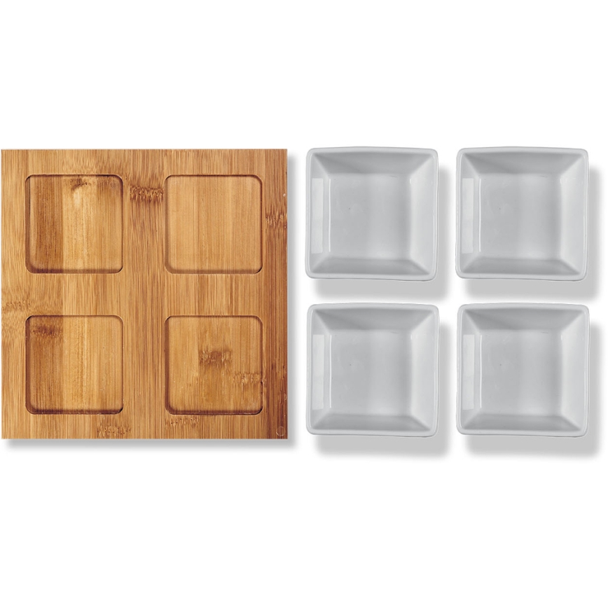 Lamart - Conjunto 4x tigela de porcelana 19x19 cm + bandeja de madeira