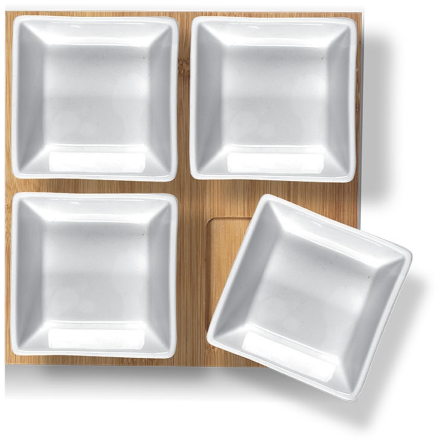 Lamart - Conjunto 4x tigela de porcelana 19x19 cm + bandeja de madeira
