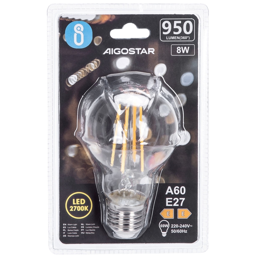 Lâmpada com Filamento LED A60 E27/8W/230V 2700K - Aigostar