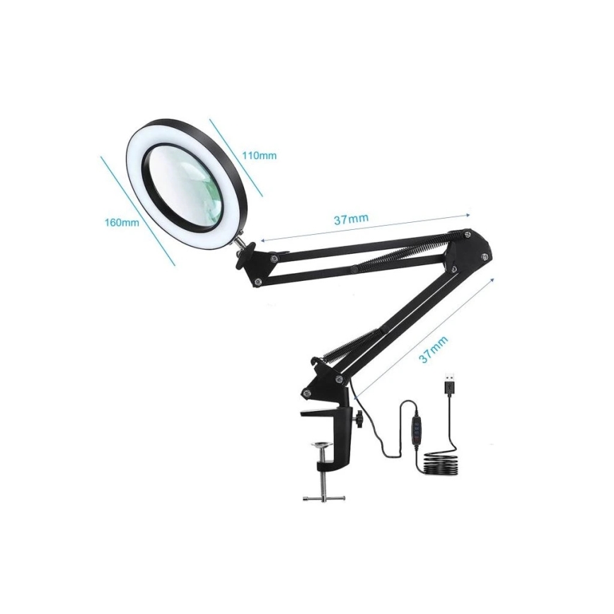 Lâmpada de mesa LED regulável com lupa LED/22W/5V 4000-6000K preta