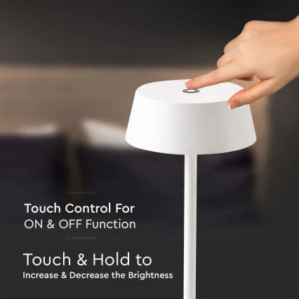 Lâmpada de mesa LED recarregável com toque, dimmer, para uso externo LED/2W/5V 4400 mAh IP54 branca