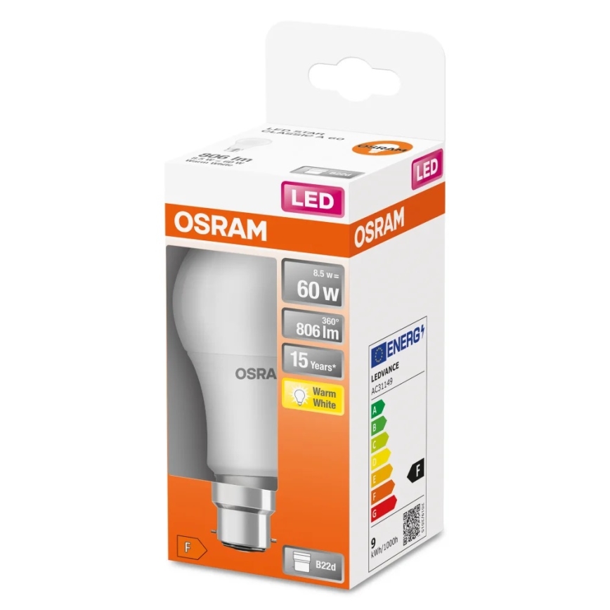 Lâmpada LED A60 B22d/8,5W/230V 2700K - Osram