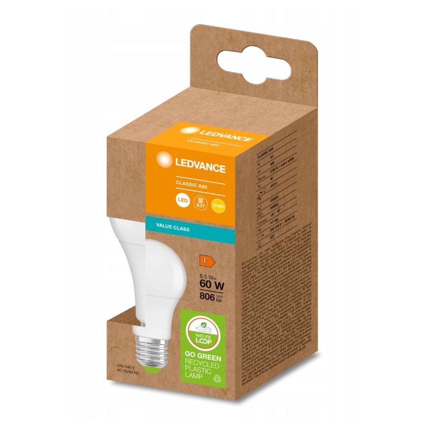 Lâmpada LED de plástico reciclado A60 E27/8,5W/230V 2700K - Ledvance