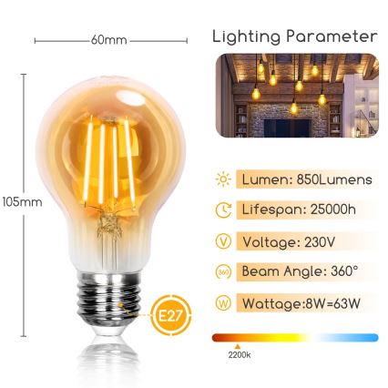 Lâmpada LED A60 E27/8W/230V 2200K - Aigostar