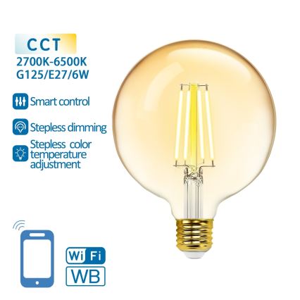 Lâmpada LED com regulação FILAMENT G125 E27/6W/230V 2700-6500K Wi-Fi - Aigostar