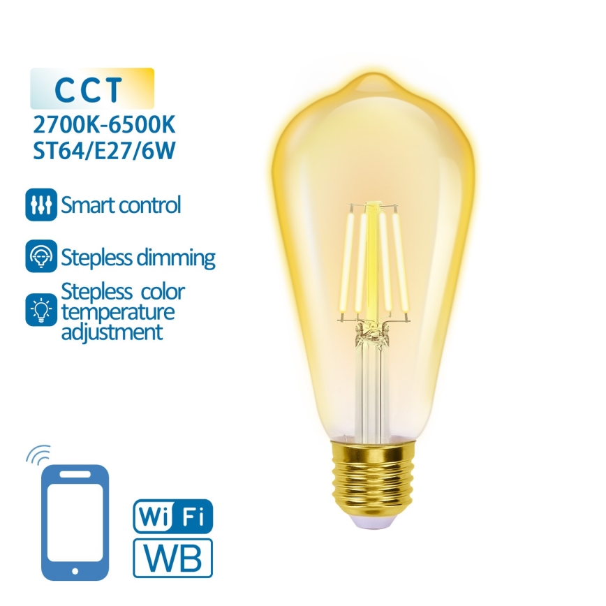 Lâmpada LED com regulação FILAMENT ST64 E27/6W/230V 2700-6500K Wi-Fi - Aigostar