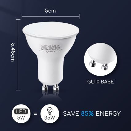 Lâmpada LED com regulação GU10/5W/230V 3000-6500K Wi-Fi - Aigostar