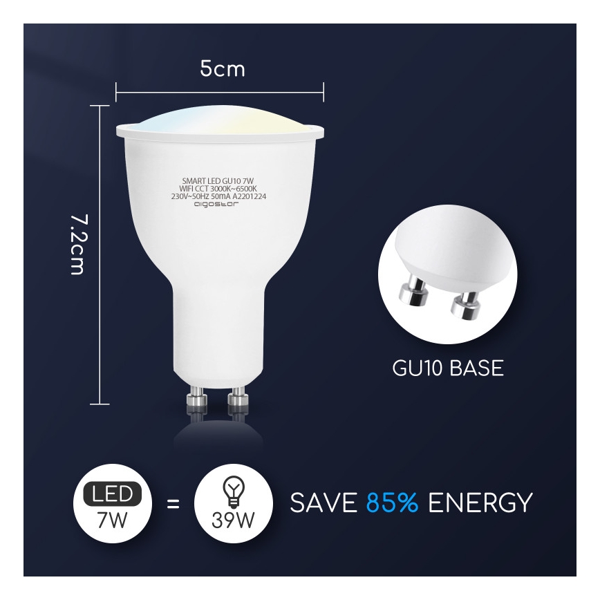 Lâmpada LED com regulação GU10/7W/230V 3000-6500K Wi-Fi - Aigostar