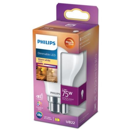 Lâmpada LED com regulação Philips Warm Glow A60 B22/7,2W/230V 2200-2700K CRI 90