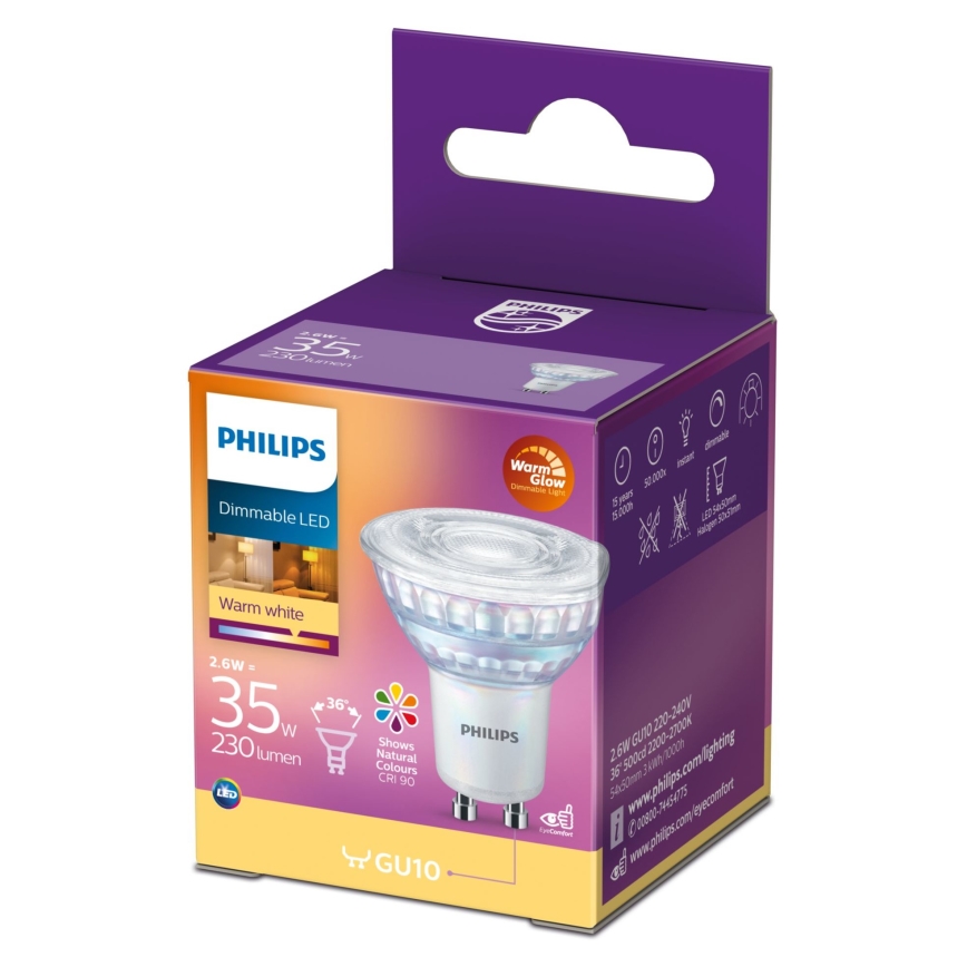 Lâmpada LED com regulação Philips Warm Glow GU10/2,6W/230V 2200-2700K CRI 90