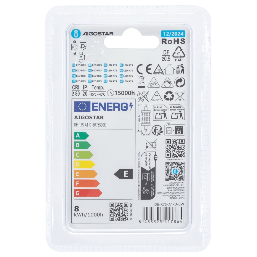 Lâmpada LED com regulação R7s/8W/230V 6500K - Aigostar