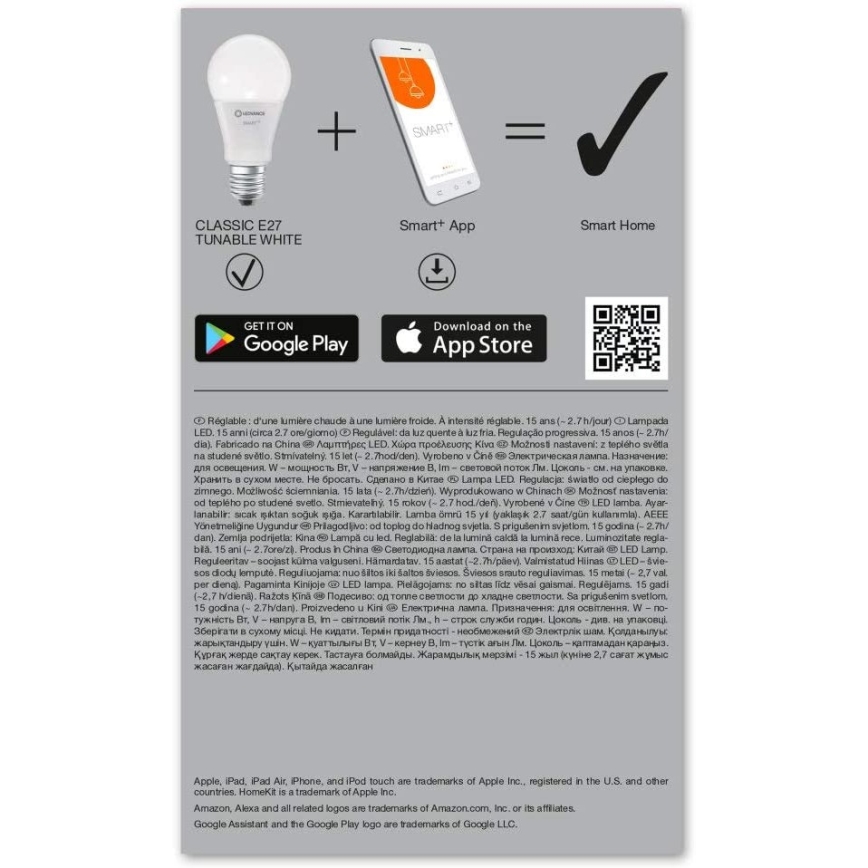 Lâmpada LED com regulação SMART+ E27/9.5W/230V 2,700K-6,500K Wi-Fi - Ledvance