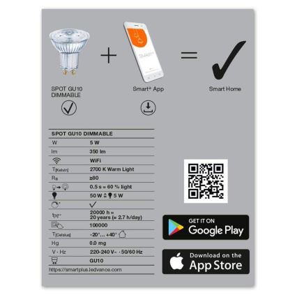 Lâmpada LED com regulação SMART+ GU10/5W/230V 2,700K Wi-Fi - Ledvance