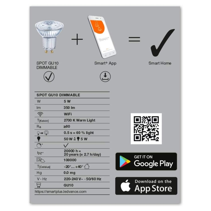 Lâmpada LED com regulação SMART+ GU10/5W/230V 2,700K Wi-Fi - Ledvance