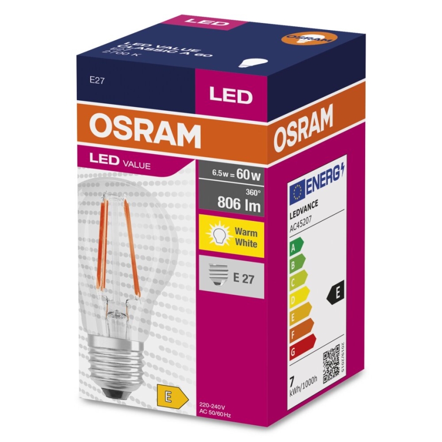 Lâmpada LED FILAMENT A60 E27/6,5W/230V 2700K - Osram