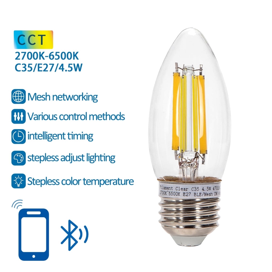 Lâmpada LED com regulação FILAMENT MESH Inteligente C35 E27/4,5W/230V 2700-6500K - Aigostar