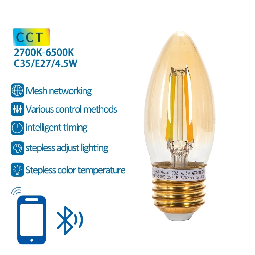 Lâmpada LED com regulação FILAMENT MESH Inteligente C35 E27/4,5W/230V 2700-6500K - Aigostar