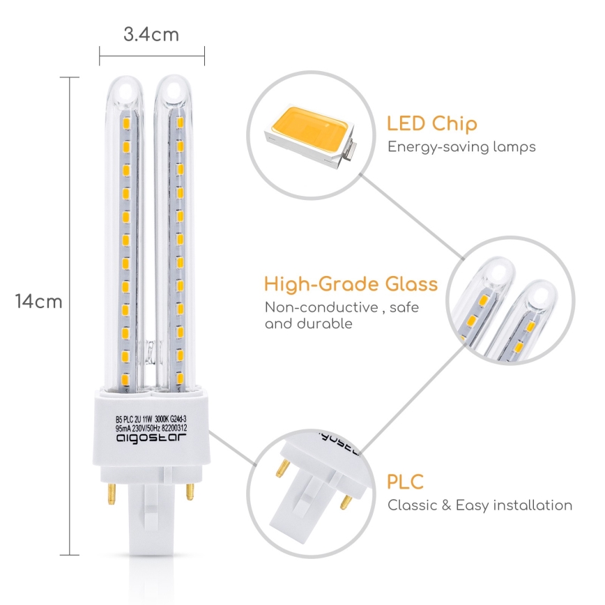 Lâmpada LED G24D-3/11W/230V 3000K - Aigostar