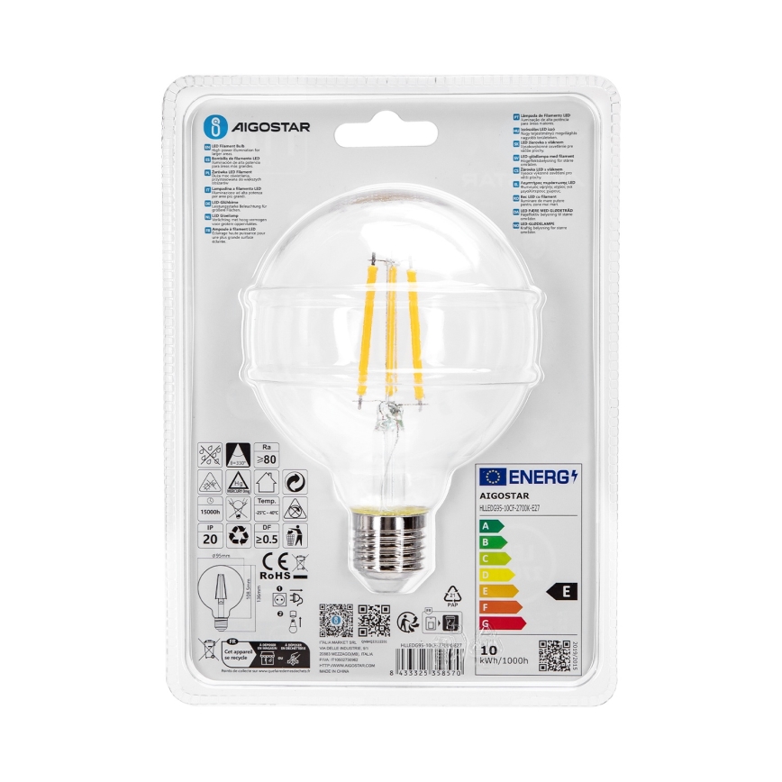 Lâmpada LED G95 E27/10W/230V 2700K - Aigostar
