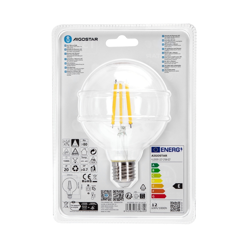 Lâmpada LED G95 E27/12W/230V 2700K - Aigostar