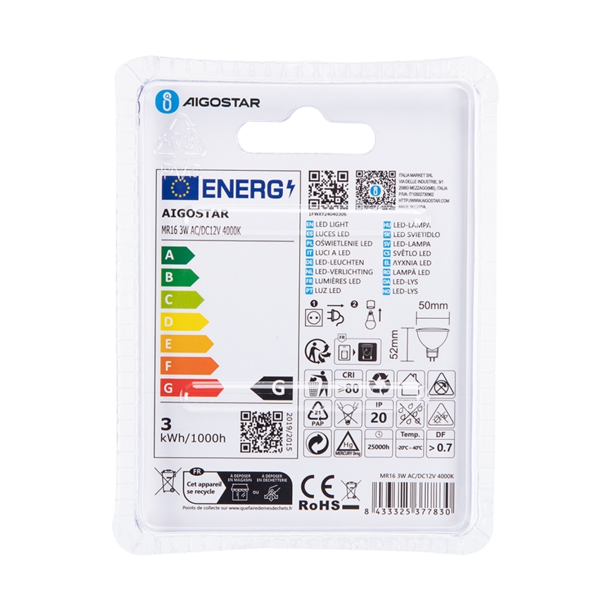 Lâmpada LED MR16 GU5,3/3W/12V 4000K - Aigostar