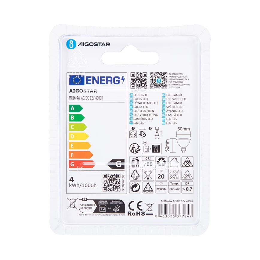 Lâmpada LED MR16 GU5,3/4W/12V 4000K - Aigostar