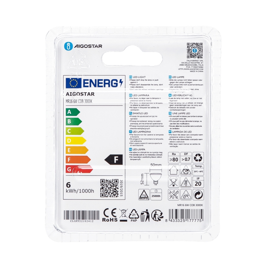 Lâmpada LED MR16 GU5,3/6W/12V 3000K - Aigostar
