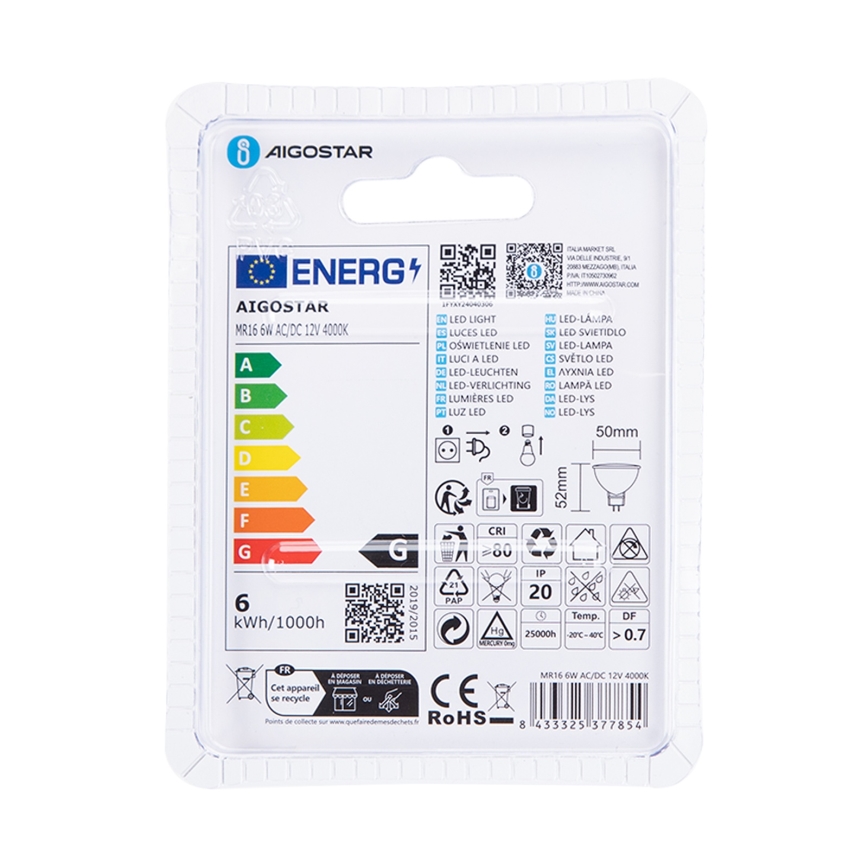 Lâmpada LED MR16 GU5,3/6W/12V 4000K - Aigostar