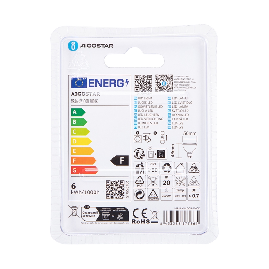 Lâmpada LED MR16 GU5,3/6W/12V 4000K - Aigostar