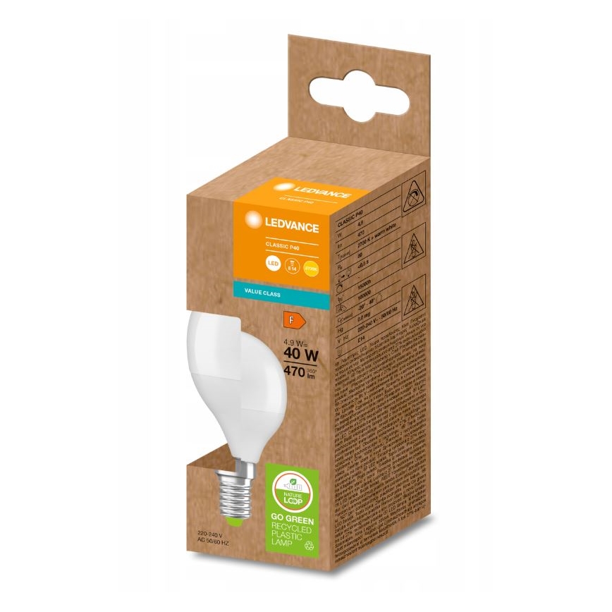 Lâmpada LED de plástico reciclado P45 E14/4,9W/230V 2700K - Ledvance
