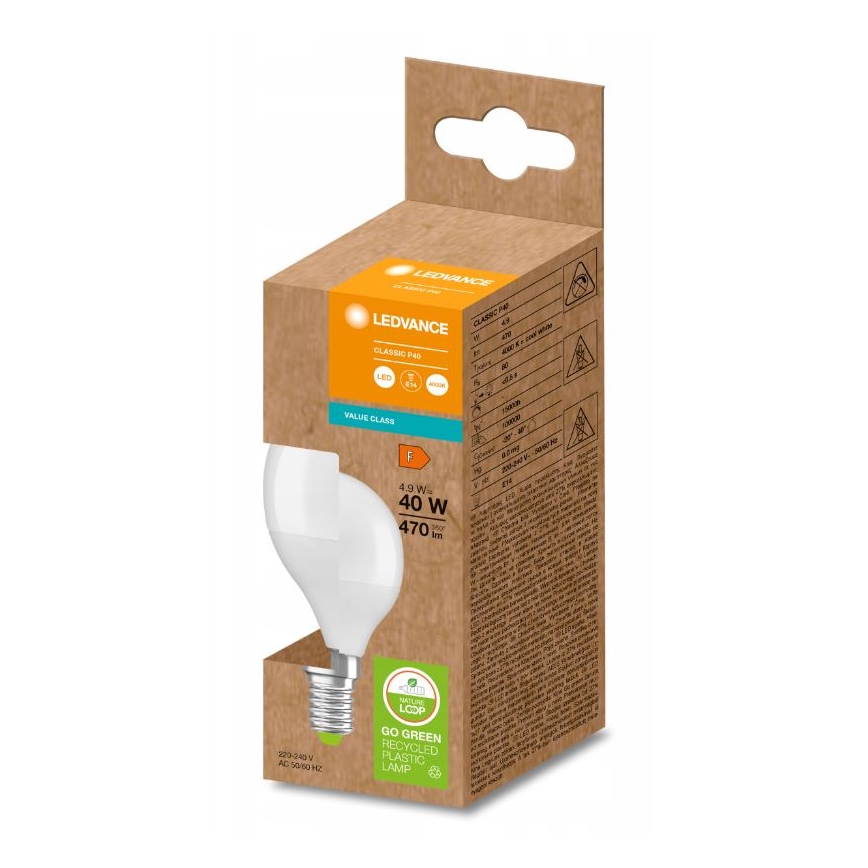 Lâmpada LED de plástico reciclado P45 E14/4,9W/230V 4000K - Ledvance