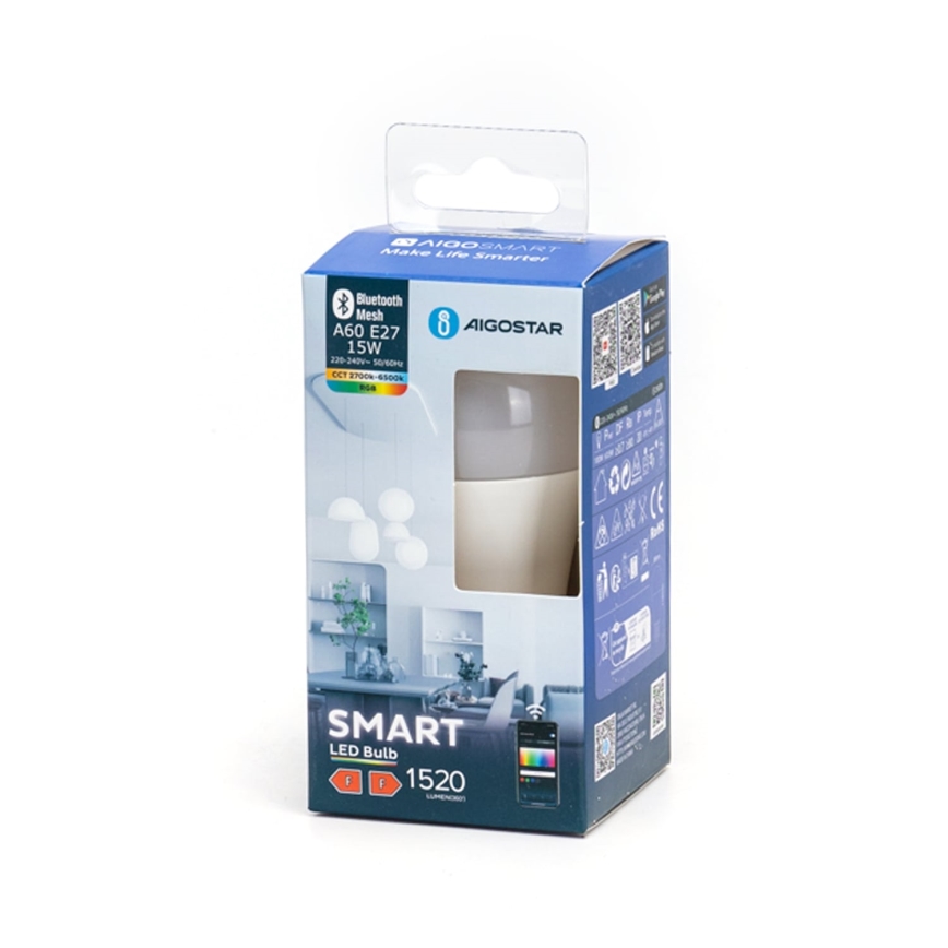 Lâmpada LED RGBW com regulação MESH Inteligente A60 E27/15W/230V 2700-6500K - Aigostar