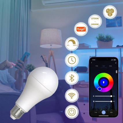 Lâmpada LED RGBW com regulação A60 E27/15W/230V 2700-6500K Wi-Fi Tuya