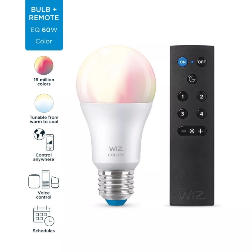 Lâmpada LED RGBW com regulação A60 E27/8,5W/230V 2200-6500K  CRI 90 Wi-Fi + controlo remoto - WiZ