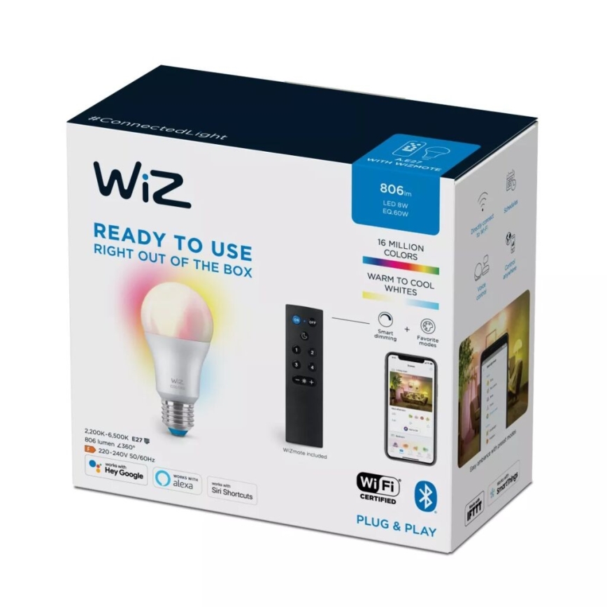 Lâmpada LED RGBW com regulação A60 E27/8,5W/230V 2200-6500K  CRI 90 Wi-Fi + controlo remoto - WiZ