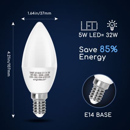 Lâmpada LED RGBW com regulação C37 E14/5W/230V 3000-6500K Wi-Fi - Aigostar