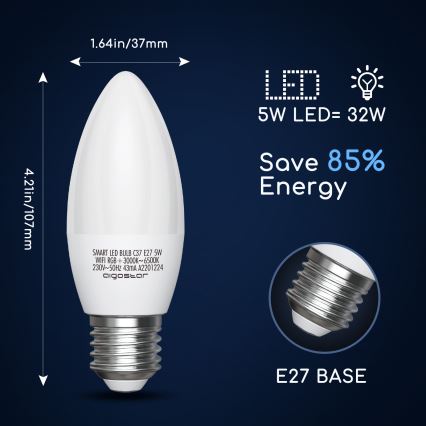 Lâmpada LED RGBW com regulação C37 E27/5W/230V 3000-6500K Wi-Fi - Aigostar