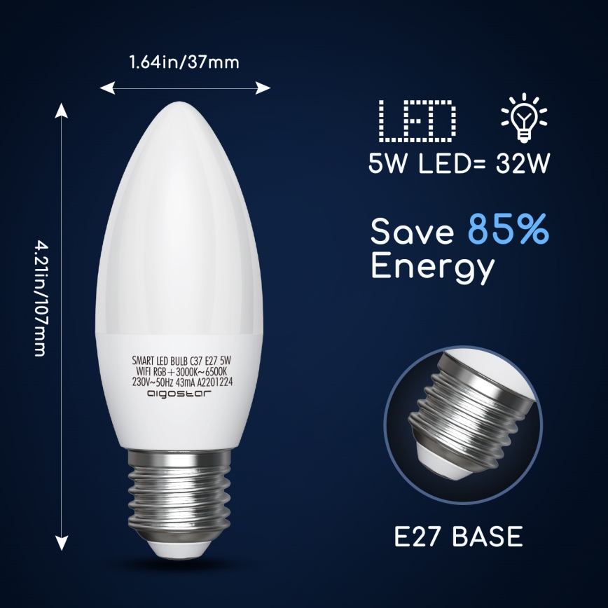 Lâmpada LED RGBW com regulação C37 E27/5W/230V 3000-6500K Wi-Fi - Aigostar