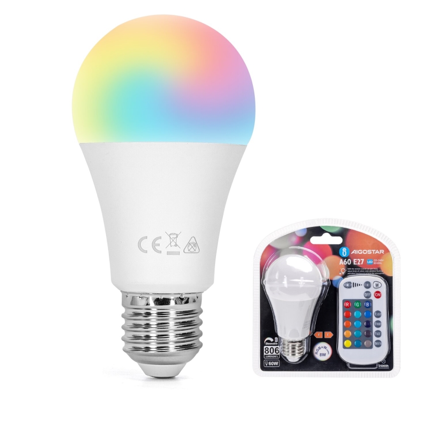 Lâmpada LED RGBW com regulação E27/8W/230V 3000K + comando - Aigostar