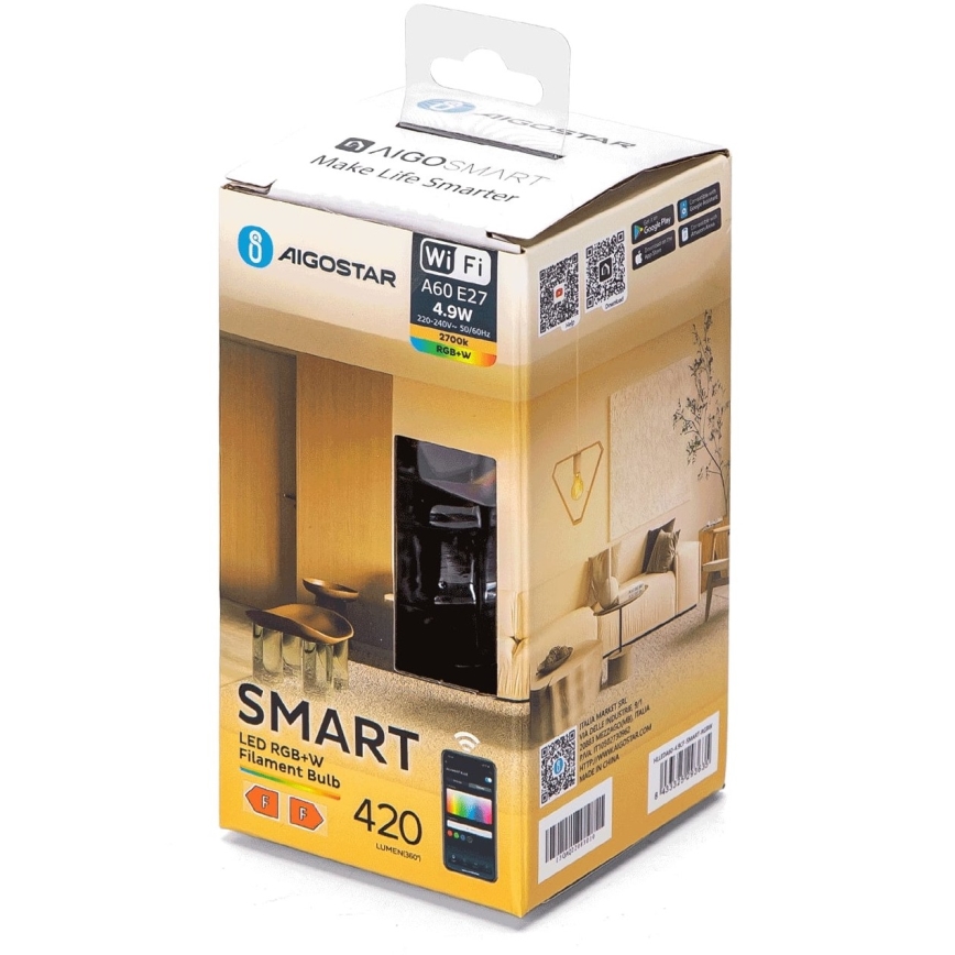 Lâmpada LED RGBW com regulação FILAMENT A60 E27/4,9W/230V 2700K Wi-Fi - Aigostar
