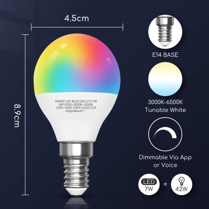 Lâmpada LED RGBW com regulação G45 E14/7W/230V 3000-6500K Wi-Fi - Aigostar