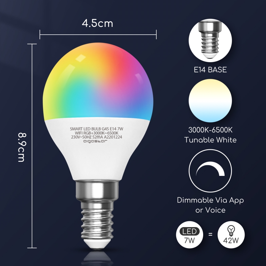 Lâmpada LED RGBW com regulação G45 E14/7W/230V 3000-6500K Wi-Fi - Aigostar