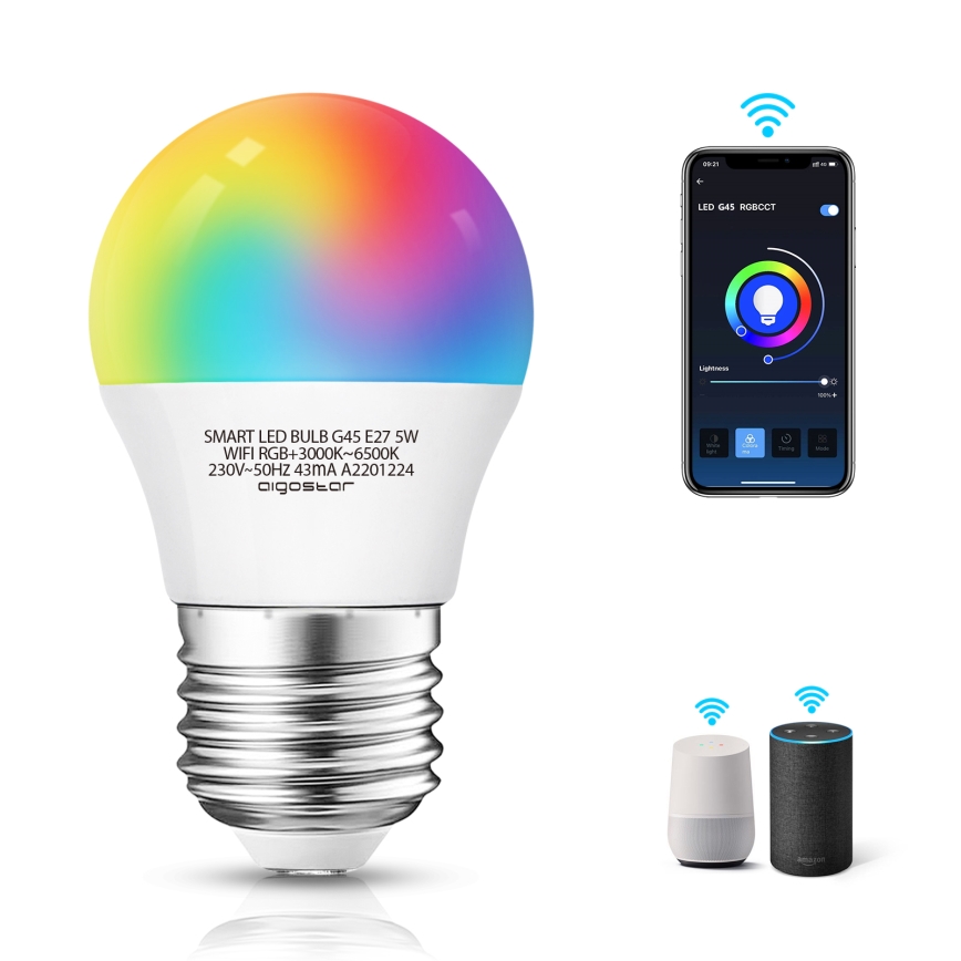 Lâmpada LED RGBW com regulação G45 E27/5W/230V 3000-6500K Wi-Fi - Aigostar