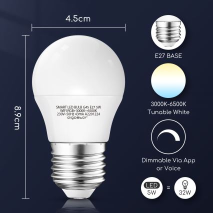 Lâmpada LED RGBW com regulação G45 E27/5W/230V 3000-6500K Wi-Fi - Aigostar