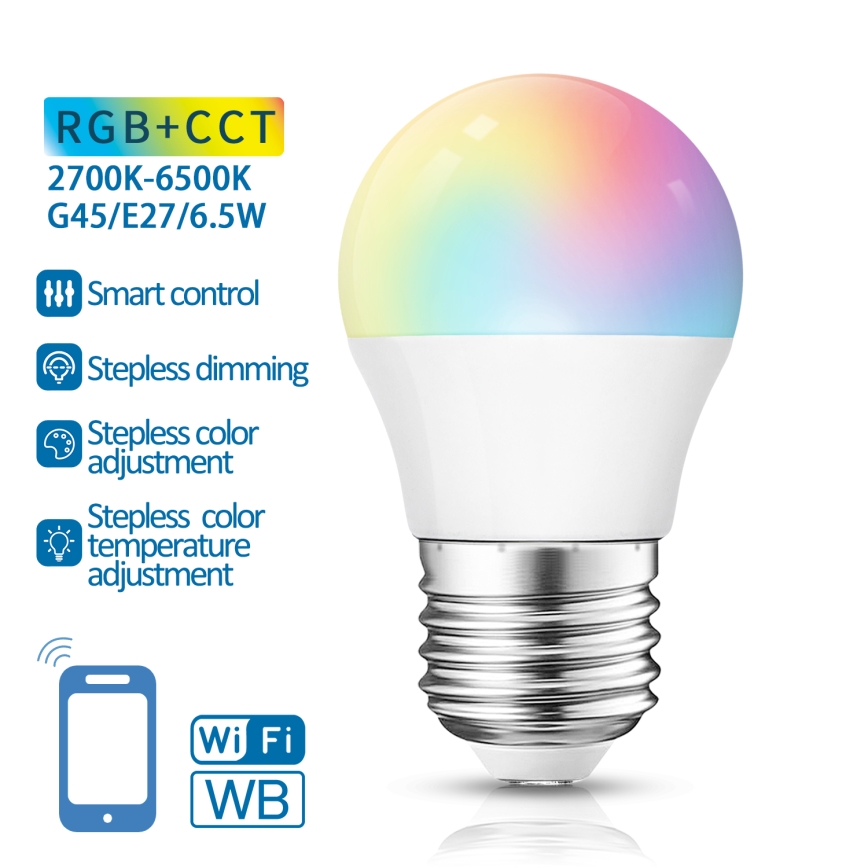 Lâmpada LED RGBW com regulação G45 E27/6,5W/230V 2700-6500K Wi-Fi - Aigostar